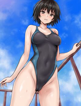Rule 34 | 1girl, amagami, black hair, black one-piece swimsuit, blue sky, breasts, cloud, commentary request, competition swimsuit, day, hand on railing, highres, large breasts, large variant set, looking at viewer, nanasaki ai, one-piece swimsuit, outdoors, r-binon, railing, short hair, sky, solo, standing, swimsuit, thighs, variant set