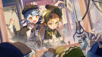 2girls absurdres arm_up bag bird_hat_ornament black_bag black_bow black_bowtie black_capelet black_hat blonde_hair blue_hair blue_necktie blue_skirt blush bonnet bow bowtie braid braided_hair_rings capelet character_doll clenched_hand collared_shirt commentary_request crane_game deerstalker doll excited flower fried_frog frilled_capelet frills green_bonnet green_eyes grey_vest hair_bow hair_flower hair_ornament hair_rings hand_up hat highres holding holding_bag indoors lolita_fashion long_hair long_sleeves looking_down mahou_shoujo_no_majo_saiban medium_hair multiple_girls necktie nervous open_mouth orange_eyes parted_bangs plaid_clothes plaid_skirt shirt shopping_bag shoulder_bag skirt tachibana_sherry tono_hanna twintails vest white_shirt