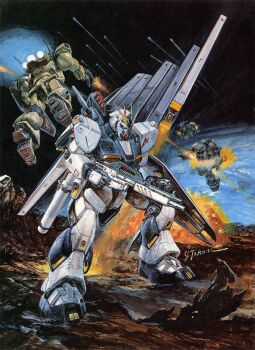 1980s_(style) army asteroid axis_(gundam) back battle beam_cannon beam_rifle cable char's_counterattack destruction earth_federation earth_federation_space_forces energy_cannon energy_gun explosion fin_funnels firing geara_doga gundam jegan mecha mecha_focus missile missile_pod mixed-language_commentary mobile_suit neo_zeon no_humans nu_gundam official_art oldschool painting_(medium) production_art promotional_art realistic retro_artstyle robot scan scene_reference science_fiction shield signature space takani_yoshiyuki thrusters traditional_media v-fin war weapon zero_gravity