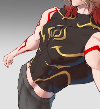 1boy arm_tattoo blonde_hair braid commentary compression_shirt covered_erect_nipples english_commentary gou_u3u gradient_hair grey_pants highres hip_bones honkai:_star_rail honkai_(series) male_focus medium_hair midriff_peek multicolored_hair mydei_(honkai:_star_rail) navel nipples pants pectorals red_hair red_tattoo see-through_clothes side_braid single_braid sleeveless tattoo two-tone_hair