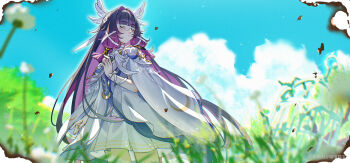 1girl black_hair blue_sky blunt_bangs chinese_commentary closed_eyes closed_mouth cloud coat colored_inner_hair columbina_(genshin_impact) commentary_request day dress eye_mask genshin_impact gradient_hair hair_ornament head_wings highres holding long_hair mask miaomiaomiaobao multicolored_hair purple_hair sitting sky solo sword very_long_hair weapon white_coat white_dress wing_hair_ornament wings