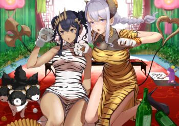 2girls :o absurdres animal_ear_hairband animal_ears animal_hands animal_print arm_support armpit_crease asymmetrical_horns bare_arms black_dog black_hair black_shoes braid breasts brown_eyes brown_horns bun_cover calligraphy calligraphy_brush cerberus china_dress chinese_clothes chinese_zodiac claws cleavage commentary_request covered_navel dark_skin demon_girl demon_horns demon_tail dog double_bun dress empty_bottle eyelashes fake_animal_ears floating_hair gloves hair_bun hairband hand_up hands_up high_heels highres holding holding_calligraphy_brush holding_paintbrush honey_strap horns kneeling large_breasts long_hair long_sidelocks looking_at_viewer medium_breasts medium_dress mole mole_under_mouth monkey multiple_girls nanashi_inc. new_year open_mouth orange_gloves paintbrush paw_gloves platform_heels pointy_ears purple_eyes round_window saionji_mary sankyo_(821-scoville) see-through_cleavage see-through_clothes shimamura_charlotte shoes short_sleeves side_slit sidelocks sitting sleeveless sleeveless_dress stiletto_heels table tail tiger_ears tiger_print uneven_horns virtual_youtuber white_dress white_gloves white_tiger_print window year_of_the_tiger yellow_dress