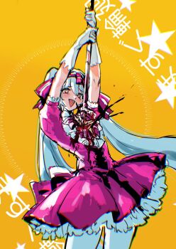 1girl alternate_costume alternate_hair_color arms_up bleeding blood bow chromatic_aberration commentary cowboy_shot dress elbow_gloves floating_hair gloves grey_hair hair_bow hatsune_miku highres holding holding_wand ima_sugu_rinne_(vocaloid) injury long_hair looking_at_viewer magical_girl open_mouth osakana_(denpa_yun&#039;yun) pantyhose pink_bow pink_dress pink_eyes reverse_grip sad_smile short_dress short_sleeves simple_background smile solo song_name star-shaped_pupils star_(symbol) star_wand suicide symbol-shaped_pupils tearing_up vocaloid wand white_gloves white_pantyhose yellow_background