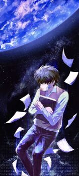 1boy 8d2suga9 bandaid bandaid_on_face binary black_hair book brown_vest closed_eyes earth_(planet) feet_out_of_frame floating flying_paper highres hugging_object kim_dokja knees_apart_feet_together male_focus oldest_dream omniscient_reader&#039;s_viewpoint paper planet shirt short_hair solo space vest white_shirt
