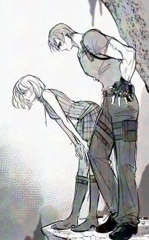 1boy 1girl ashley_graham bent_over black_gloves black_shoes blonde_hair boots breasts fingerless_gloves full_body gloves greyscale highres holster leaning_forward leon_s._kennedy medium_breasts miniskirt monochrome muscular muscular_male nul plaid_clothes plaid_skirt pleated_skirt resident_evil resident_evil_4 shirt shoes short_hair sketch skirt sleeveless sleeveless_turtleneck t-shirt thigh_holster turtleneck