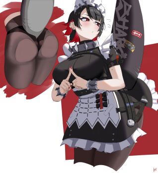 1girl absurdres ass ass_focus black_hair black_panties black_pantyhose breasts clarkekitsp colored_inner_hair commentary ellen_joe fins fish_tail from_behind hair_ornament hairband highres large_breasts large_tail maid maid_headdress metal_hairband mole mole_on_arm mole_under_eye multicolored_hair panties pantyhose red_background red_eyes red_hair red_nails shark_girl shark_tail short_hair solo spiked_headband tail two-tone_hair underwear untranslatable_commentary upper_body white_background zenless_zone_zero