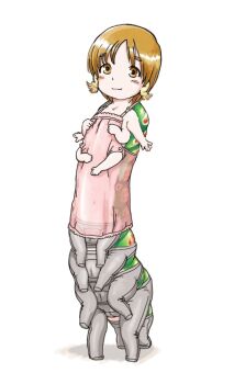 1girl arthropod_girl brown_eyes brown_hair cameltoe caterpillar_girl extra_arms extra_legs extra_pussies female_focus full_body grey_pantyhose highres horihone_saizou loli monster_girl original pantyhose short_hair simple_background smile solo standing what white_background