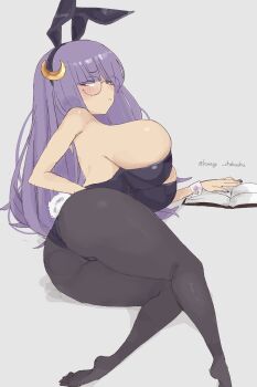 1girl absurdres animal_ear_hairband animal_ears bare_shoulders black_hairband black_leotard black_pantyhose blush book breasts colored_eyelashes crescent crescent_hair_ornament fake_animal_ears fake_tail glasses grey_background hair_ornament hairband half-closed_eyes hand_on_book highres large_breasts leotard long_hair open_book pantyhose patchouli_knowledge playboy_bunny purple_eyes purple_hair purple_nails rabbit_ear_hairband rabbit_ears rabbit_tail round_eyewear simple_background solo tail touhou twitter_username umitsuki_(kurage_no_shokushu) white_wrist_cuffs wrist_cuffs