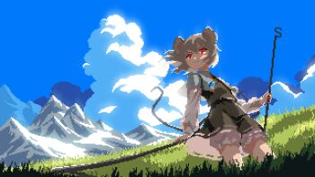 1girl animal_ears bloomers blue_sky closed_mouth cloud cumulonimbus_cloud day dowsing_rod dress dutch_angle flat_chest from_below grass grey_hair holding mountain mountainous_horizon mouse_ears mouse_girl mouse_tail nazrin noblenomad42 pixel_art red_eyes short_hair sky solo standing tail touhou underwear