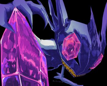 Rule 34 | bilingual commentary, black background, claws, colored teeth, commentary, english commentary, gem, gen 3 pokemon, highres, horns, mega pokemon, mega sableye, mixed-language commentary, nintendo, pokemon, pokemon (creature), pokemon focus, purple gem, sableye, sharp teeth, simple background, strong kakikaki, teeth, twitter username, yellow teeth