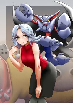 1girl aged_down bertha_(pokemon) black_skirt colored_sclera gen_4_pokemon gliscor grey_hair grey_pantyhose hand_on_own_knee highres hippowdon leaning_forward medium_hair nabe_puyo nintendo pantyhose pokemon pokemon_(creature) red_sclera red_sweater ribbed_sweater skirt sleeveless sleeveless_sweater smile standing sweater yellow_eyes