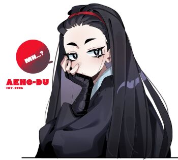 Rule 34 | 1girl, absurdres, aeng-du (project moon), black hair, character name, hand wraps, headband, highres, japanese clothes, kimono, limbus company, long hair, ny 000a, project moon, signature, speech bubble, upper body, white background