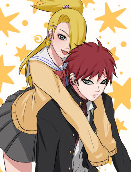 1boy 1girl alternate_universe blonde_hair cardigan commentary_request deidara_(naruto) ear_piercing earrings face_piercing forehead_tattoo gaara_(naruto) gakuran gangbi2 grey_eyes gyaru hair_ornament hair_over_one_eye highres hoop_earrings jacket jewelry kogal lip_piercing miniskirt naruto_(series) naruto_shippuuden open_clothes open_jacket piercing pleated_skirt ponytail red_hair school_uniform serafuku skirt star_(symbol) tattoo tongue_piercing x_hair_ornament yellow_cardigan