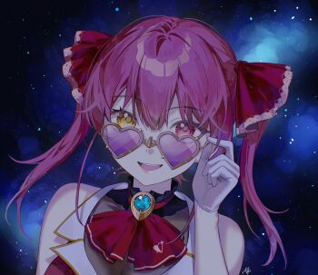 1girl :d absurdres adjusting_eyewear ani_019 blue_gem breasts cleavage commission gem hand_up hashtag-only_commentary heart heart-shaped_pupils heterochromia highres hololive houshou_marine houshou_marine_(1st_costume) long_hair looking_at_viewer neckerchief open_mouth purple-tinted_eyewear red_eyes red_hair red_neckerchief smile solo symbol-shaped_pupils teeth tinted_eyewear twintails upper_body upper_teeth_only virtual_youtuber yellow-framed_eyewear yellow_eyes