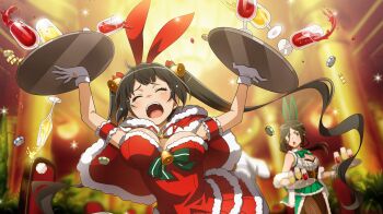 2girls animal_ears arm_garter arms_up bell black_hair bow bowtie breasts capelet christmas cleavage closed_eyes cup danmachi_battle_chronicle dress drinking_glass dungeon_ni_deai_wo_motomeru_no_wa_machigatteiru_darou_ka fake_animal_ears fishnet_pantyhose fishnets fur-trimmed_capelet fur-trimmed_dress fur-trimmed_gloves fur_trim game_cg gloves goblet_glass green_bow green_bowtie green_ribbon hair_bell hair_ornament hestia_(danmachi) highres holding holding_tray indoors light_blush long_hair looking_at_another medium_breasts multiple_girls non-web_source nontraditional_playboy_bunny official_alternate_costume official_art open_mouth pantyhose poker_chip rabbit_ears red_capelet red_dress ribbon santa_costume santa_dress side_ponytail spilling surprised teardrop tray tripping twintails white_gloves yamato_mikoto
