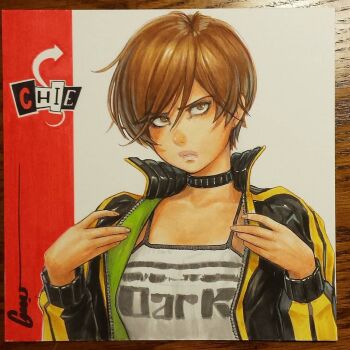 1girl adjusting_clothes adjusting_jacket black_choker black_jacket black_tank_top breasts brown_eyes brown_hair choker green_jacket jacket lips medium_breasts multicolored_jacket omar_dogan open_clothes open_jacket parted_lips persona persona_4 photo_(medium) print_tank_top red_background satonaka_chie serious short_hair tank_top traditional_media two-tone_background two-tone_tank_top white_background white_tank_top yellow_jacket