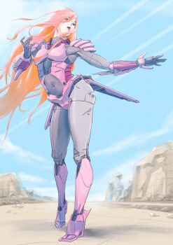 1girl bodysuit character_request commission covered_navel full_body highres long_hair open_mouth orange_hair skeb_commission solo transformers