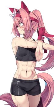 1girl absurdres animal_ears black_sports_bra breasts commentary ear_covers english_commentary gloves haru_urara_(umamusume) headband high_ponytail highres hinghoi horse_ears horse_girl horse_tail muscular muscular_female ponytail profile red_gloves red_headband smile solo sports_bra stretching sweat tail umamusume white_background yoga_shorts