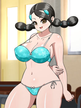 1girl black_hair brown_eyes candice_(pokemon) lingerie long_hair multi-tied_hair nintendo pokemon pokemon_dppt sunlight underwear window yensh