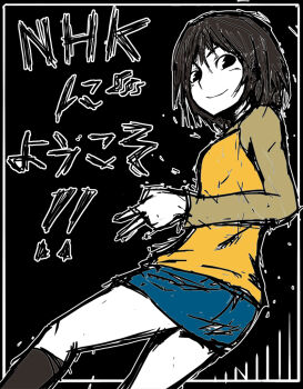 1girl black_background black_socks blush bob_cut bumpnama colored_skin denim denim_skirt long_sleeves looking_at_viewer looking_back looking_down nakahara_misaki nhk_ni_youkoso! raglan_sleeves shirt short_hair skirt smile socks solo two-tone_shirt v white_skin yellow_shirt