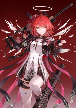 angel_wings arknights black_jacket black_shoes black_shorts breasts detached_wings energy_wings exusiai_(arknights) exusiai_the_new_covenant_(arknights) fingerless_gloves gloves gun halo hannhi_1005 highres jacket knee_up kriss_vector long_shirt long_sleeves looking_at_viewer medium_breasts one_eye_closed orange_eyes railgun red_background red_hair shirt shoes short_hair shorts side_ponytail simple_background smile sneakers solo submachine_gun swept_bangs thigh_strap thighhighs weapon white_halo white_shirt white_thighhighs wings