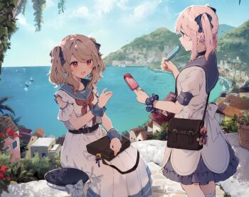 2girls bag blue_eyes boat brown_hair day detached_sleeves dress food hair_ornament hat ice_cream ikeuchi_tanuma multiple_girls neck_ribbon ocean original pink_hair red_eyes ribbon rije_(ikeuchi_tanuma) sailboat sailor_dress sailor_hat school_bag seaside shoulder_bag tino_ashberry watercraft