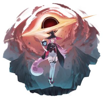 1girl absurdres animal_ears black_cloak black_hat black_hole black_shirt book boots breasts brooch center-flap_bangs cloak collared_vest commentary double-parted_bangs ears_through_headwear english_commentary flipped_hair full_body garter_straps hand_up hat high-waist_shorts highres holding holding_book hololive hololive_english hood hooded_cloak i.ryuu_z jewelry large_breasts long_hair multicolored_hair open_mouth panther_ears panther_girl panther_tail pink_cloak pink_hair raora_panthera raora_panthera_(1st_costume) shirt shorts single_garter_strap solo streaked_hair tail thigh_strap thighhighs two-sided_cloak two-sided_fabric two-sided_headwear very_long_hair vest virtual_youtuber white_boots white_hair white_shorts white_thighhighs white_vest witch_hat yellow_eyes