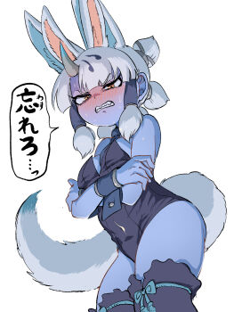 1girl animal_ears blue_skin blush colored_skin commentary_request extra_ears fox_ears fox_girl fox_tail ginkaku_(kemono_friends) grey_hair highres horns kemono_friends long_hair looking_at_viewer mcgunngu playboy_bunny ribbon simple_background solo sweat tail thighhighs yellow_eyes