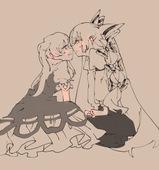 2girls blush bow brown_background commentary dress from_side fujimugi fujiwara_no_mokou greyscale_with_colored_background hair_bow highres kamishirasawa_keine long_hair long_sleeves multiple_girls pants profile puffy_long_sleeves puffy_short_sleeves puffy_sleeves shirt short_sleeves sitting smile sweatdrop touhou very_long_hair white_shirt yuri