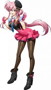 1girl :d almeda alternate_costume bare_shoulders black_boots black_hat black_pantyhose black_ribbon black_shirt blue_necktie boots breasts bunting dress floating_hair frilled_dress frilled_gloves frills full_body game_cg gloves hair_between_eyes hair_bun hair_ornament hat high_heel_boots high_heels holding langrisser langrisser_mobile large_breasts leaning_forward looking_at_viewer loose_footwear mini_hat necktie official_alternate_costume official_art open_mouth pantyhose pennant pink_eyes pink_gloves pink_hair pink_ribbon pink_skirt ponytail ribbon shiny_clothes shiny_skin shirt sidelocks skirt sleeveless smile solo standing string_of_flags striped_clothes striped_pantyhose striped_shirt suspender_skirt suspenders tachi-e third-party_source tilted_headwear transparent_background vertical-striped_clothes vertical-striped_pantyhose vertical-striped_shirt