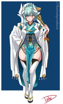 1girl aged_up alternate_breast_size_(larger) aqua_hair aqua_kimono black_sandals breasts commentary dragon_girl dragon_horns english_commentary fate/grand_order fate_(series) folding_fan full_body hand_fan hand_on_own_hip highres holding holding_fan horns japanese_clothes kimono kiyohime_(fate) kiyohime_(second_ascension)_(fate) large_breasts mature_eyes mature_female pelvic_curtain romulproduce sandals signature solo thighhighs twitter_username white_thighhighs wide_sleeves yellow_eyes