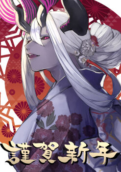 1girl absurdres black_sclera breasts colored_sclera colored_skin commentary_request eyeliner fate/grand_order fate_(series) floral_print grey_kimono grey_skin gumi_(the_eye_of_darkness) highres horns ibuki_douji_(fate) japanese_clothes kimono large_breasts long_hair long_sleeves looking_at_viewer makeup oni open_mouth red_eyes sidelocks smile solo translation_request