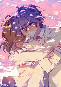 Rule 34 | 1boy, 1girl, antenna hair, blue eyes, blue hair, blush, brown hair, brown jacket, clannad, clenched teeth, commentary, crying, crying with eyes open, dappled sunlight, dated, dated commentary, falling petals, furukawa nagisa, highres, hug, jacket, long sleeves, necktie, okazaki tomoya, petals, pink petals, red necktie, sailor collar, shiroto iku, sunlight, tears, teeth, white sailor collar