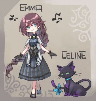 Rule 34 | 1girl, black cat, black gloves, blue bow, blue eyes, bow, braid, cat, celine (sen no kiseki), chibi, double-parted bangs, dress, eighth note, eiyuu densetsu, emma millstein, english text, floating hair, full body, gloves, green eyes, hair between eyes, irise ryouji, long hair, looking at viewer, musical note, pink hair, sen no kiseki, sen no kiseki (series), sen no kiseki iii, simple background, single braid, smile, tail, tail bow, tail ornament, very long hair