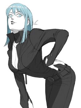 1girl arched_back artist_name belt black_belt black_collar black_lips black_nails blue_eyes blue_hair bodysuit breasts center_opening cleavage collar devil_summoner:_soul_hackers devil_summoner_(series) hand_on_own_hip highres lipstick makeup medium_hair nail_polish nemissa o-ring_collar partially_unzipped s_ir_s signature smile solo white_background