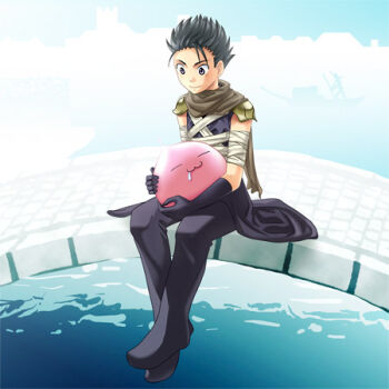 1boy :3 armor assassin_(ragnarok_online) bandages_over_clothes black_eyes black_gloves black_hair black_pants black_shirt black_shoes blue_sky bridge brown_scarf closed_mouth cloud commentary_request creature dated_commentary day full_body gloves holding holding_creature lowres male_focus oomojiya outdoors pants pauldrons poring ragnarok_online scarf shirt shoes short_hair shoulder_armor sitting sky sleeveless sleeveless_shirt slime_(creature) smile solo