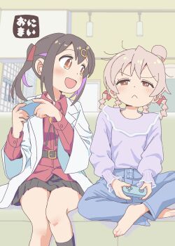 2girls :< :d absurdres ahoge annoyed bare_legs barefoot belt black_hair black_skirt blue_pants blush braid braided_hair_rings brown_eyes commentary controller copyright_name couch dot_nose game_controller hair_between_eyes hair_rings happy highres holding holding_controller holding_game_controller indian_style indoors jibijibipen lab_coat long_sleeves looking_at_another medium_hair miniskirt multicolored_hair multiple_girls on_couch onii-chan_wa_oshimai! open_mouth oyama_mahiro oyama_mihari pants pink_hair playing_games pleated_skirt puffy_long_sleeves puffy_sleeves purple_hair red_shirt shirt siblings sisters sitting skirt smile twintails two-tone_hair untucked_shirt wing_collar