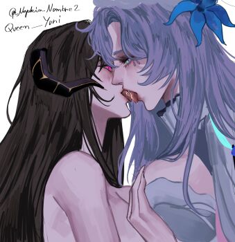 2girls absurdres artist_name black_hair blue_eyes blue_flower blush breast_press breasts cantarella_(wuthering_waves) center_opening commentary constance_(honkai:_star_rail) couple crossover demon_girl demon_horns dress english_commentary face-to-face facial_mark flower french_kiss frilled_dress frills from_side glowing glowing_eyes grabbing_another&#039;s_breast groping hair_between_eyes hair_flower hair_ornament heads_together highres honkai:_star_rail honkai_(series) horns huge_breasts imminent_kiss kiss leaning_forward leaning_on_person long_hair looking_at_another multiple_girls nude open_mouth purple_eyes queen_yuri.mj saliva simple_background standing tattoo tongue tongue_out tongue_tattoo twitter_username upper_body wavy_hair white_background wuthering_waves yuri