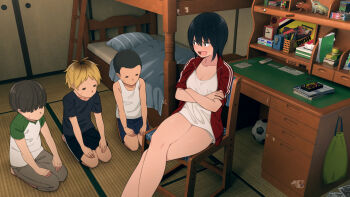 1girl 3boys ball bed black_eyes black_hair blush breasts brother_and_sister chair clock crossed_arms crossed_legs door embarrassed from_above hair_between_eyes highres indoors jacket kemuri_haku legs looking_at_another medium_breasts medium_hair multiple_boys open_clothes open_jacket open_mouth original pillow scolding short_hair short_shorts shorts siblings sitting soccer_ball table tatami thighs toaru_daikazoku_no_okazu_jijou:_mamagawari_onee-chan_funtouki