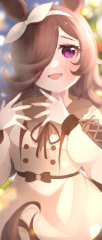 Rule 34 | 1girl, absurdres, animal ears, blurry, blurry background, blush, bow hairband, brown dress, brown hair, brown ribbon, casual, collared dress, dress, flipped hair, hair over one eye, hairband, highres, horse ears, horse girl, horse tail, kurumiya (krmy p), long hair, long sleeves, looking at viewer, official alternate costume, open mouth, purple eyes, ribbon, rice shower (casual) (umamusume), rice shower (umamusume), smile, solo, tail, umamusume, white hairband