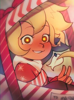 1girl amba_si black_eyes blonde_hair blue_hair highres looking_at_viewer parted_lips portrait short_hair smile solo sweater tail teeth the_owl_house v vee_(the_owl_house) yellow_pupils