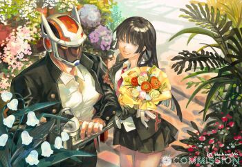 1boy 1girl algernon_(housamo) black_hair black_jacket black_skirt blackcatlandr bouquet commentary_request commission flower grin helmet highres hydrangea jacket lily_of_the_valley long_hair looking_at_another orange_flower outdoors protagonist_2_(housamo) shirt skirt smile tokyo_houkago_summoners watering_can white_flower white_shirt