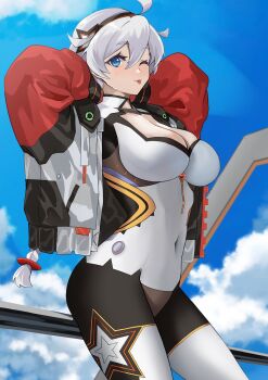 1girl ;p ahoge arms_behind_head blue_eyes bodysuit braid breasts cleavage cloud cloudy_sky commentary_request covered_navel cowboy_shot headband highres honkai_(series) honkai_impact_3rd jacket kiana_kaslana kiana_kaslana_(white_comet) large_breasts one_eye_closed open_clothes open_jacket sky star_(symbol) star_print task_baron tongue tongue_out twin_braids white_hair