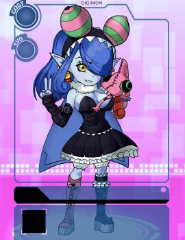 appmon dan_de_lion digimon digimon_universe:_appli_monsters dress earrings fang highres jewelry long_hair mienumon nail_polish one_eye_covered puppet shortstack tiara v