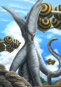 alien beak blue_sky cannon cloud colored_sclera daiei_motion_picture day directed-energy_weapon dirt energy_cannon energy_weapon gamera_(series) gamera_vs._viras giant giant_monster hill hisshamaru kaiju monster octopus red_eyes sky space_monster spaceship squid tendril tentacles tree ufo viras viras_ufo yellow_sclera