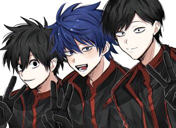 Rule 34 | 3boys, black eyes, black gloves, black hair, black jacket, blue eyes, blue hair, character request, closed mouth, commentary request, gloves, highres, ichinose shiki (tougen anki), jacket, looking at viewer, male focus, mole, mole under eye, multiple boys, multiple moles, no7djmgsae49339, open mouth, short hair, simple background, teeth, tougen anki, v, white background