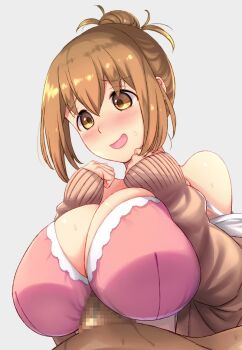 1boy 1girl blush bra breasts brown_hair embarrassed fuyube_rion hetero nozomi_mori open_mouth paizuri seitokai_yakuindomo sweat sweater underwear