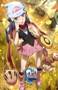 1girl absurdres bare_shoulders beanie bird black_hair body_fur breasts brown_eyes buneary dawn_(pokemon) dress full_body gen_2_pokemon gen_4_pokemon group_picture hat highres lon medium_breasts nintendo on_grass penguin pink_dress piplup pokemon pokemon_(creature) pokemon_dppt rabbit ryairyai standing swinub tongue tongue_out v v_over_eye white_dress white_hat