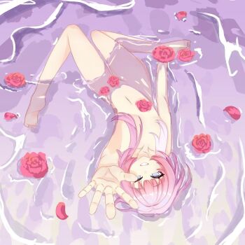 1girl blue_eyes breasts commentary_request convenient_censoring cyrene_(honkai:_star_rail) flower flower_censor hair_censor highres honkai:_star_rail honkai_(series) kamisato520 looking_at_viewer medium_hair multicolored_hair navel nude partially_submerged pink_hair reaching reaching_towards_viewer red_flower red_rose rose sitting small_breasts smile soles stomach toes two-tone_hair wariza water white_hair