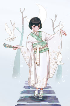 1girl arms_at_sides bare_tree bird black_hair blunt_bangs bright_pupils closed_mouth crescent_moon dove full_body green_sash hair_ornament hairclip hand_fan highres holding holding_fan japanese_clothes kimono looking_at_viewer moon obi original paper_fan path platform_footwear purple_eyes qizhu road sash short_hair socks solo standing tree white_bird white_kimono white_pupils white_socks wide_sleeves